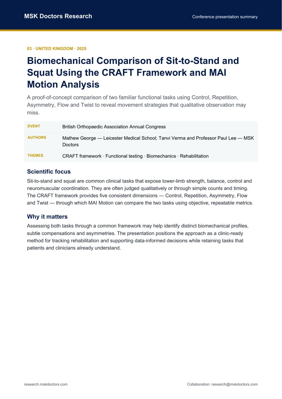 Presentation summary: Biomechanical Comparison of Sit-to-Stand and Squat Using the CRAFT Framework and MAI Motion Analysis