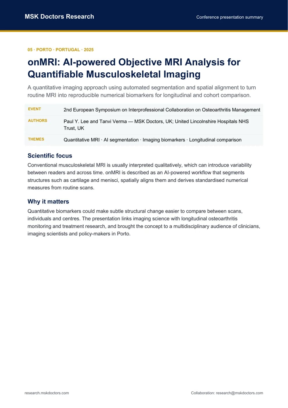 Presentation summary: onMRI