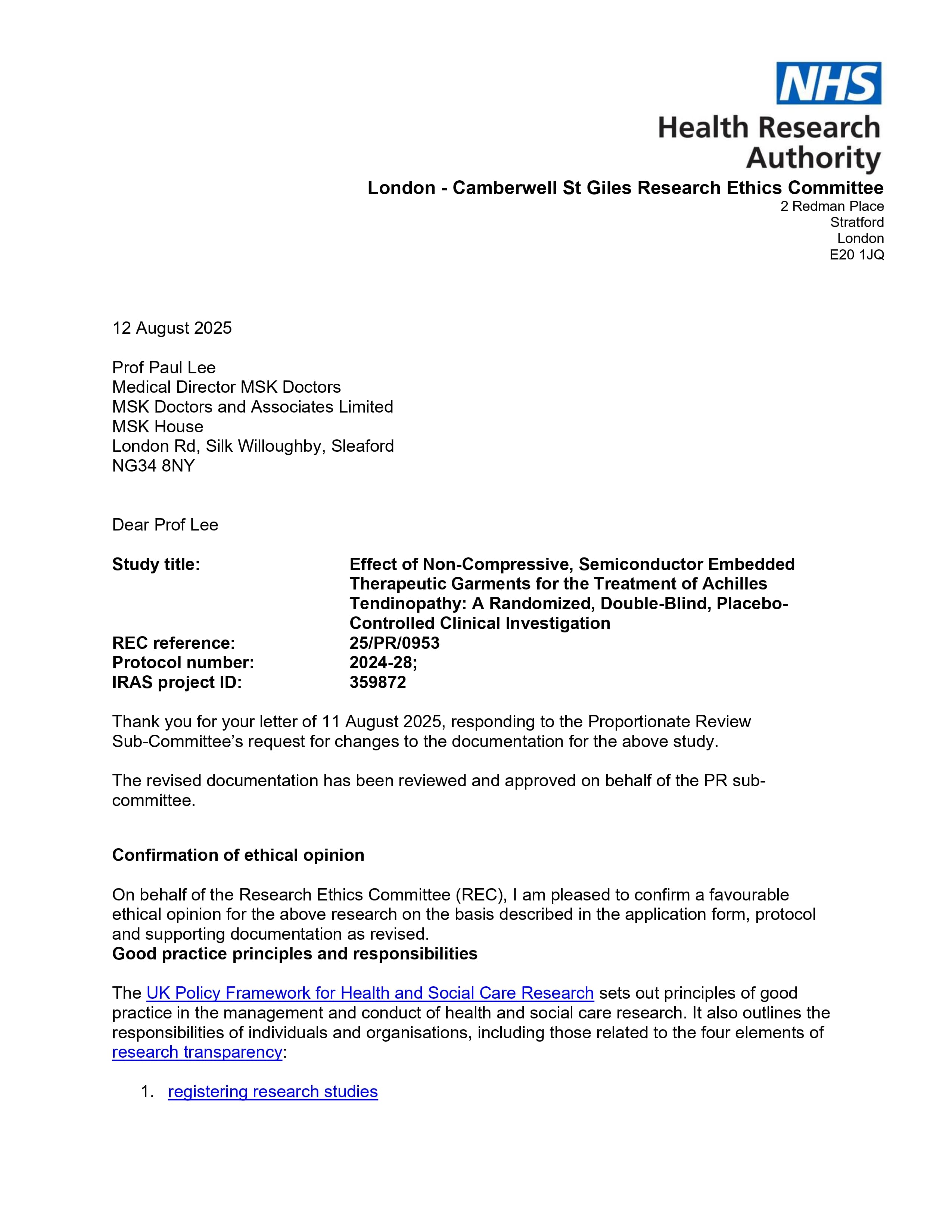 Research ethics committee approval letter for Effect of Non-Compressive, Semiconductor Embedded Therapeutic Garments for the Treatment of Achilles Tendinopathy: A Randomised, Double-Blind, Placebo-Controlled Clinical Investigation