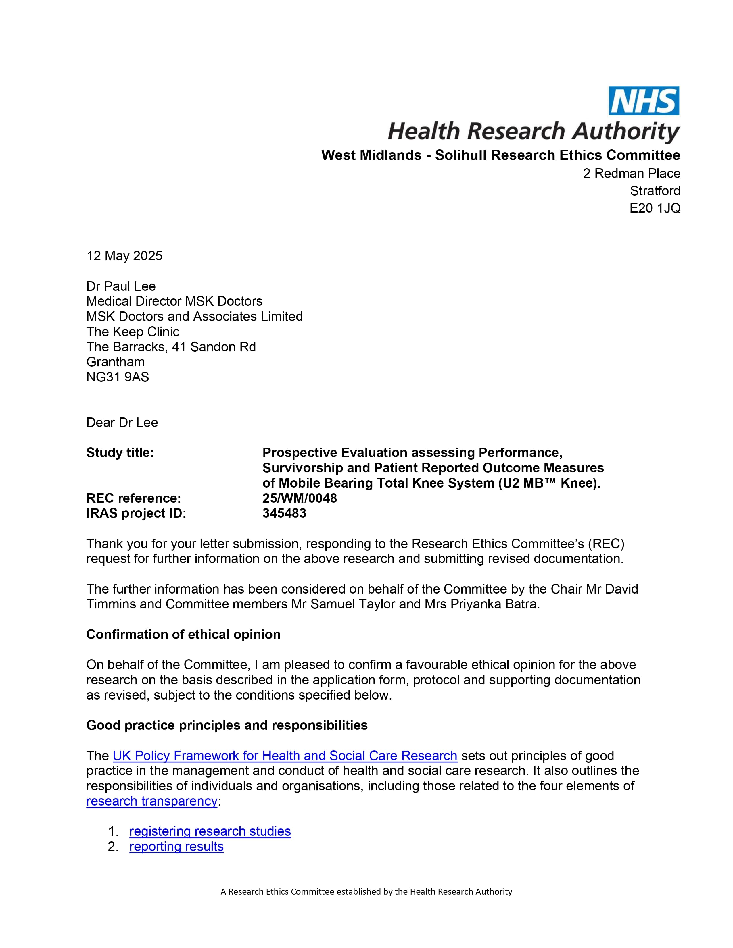 Research ethics committee approval letter for Prospective Evaluation Assessing Performance, Survivorship and Patient Reported Outcome Measures of Mobile Bearing Total Knee System (U2 MB™ Knee)